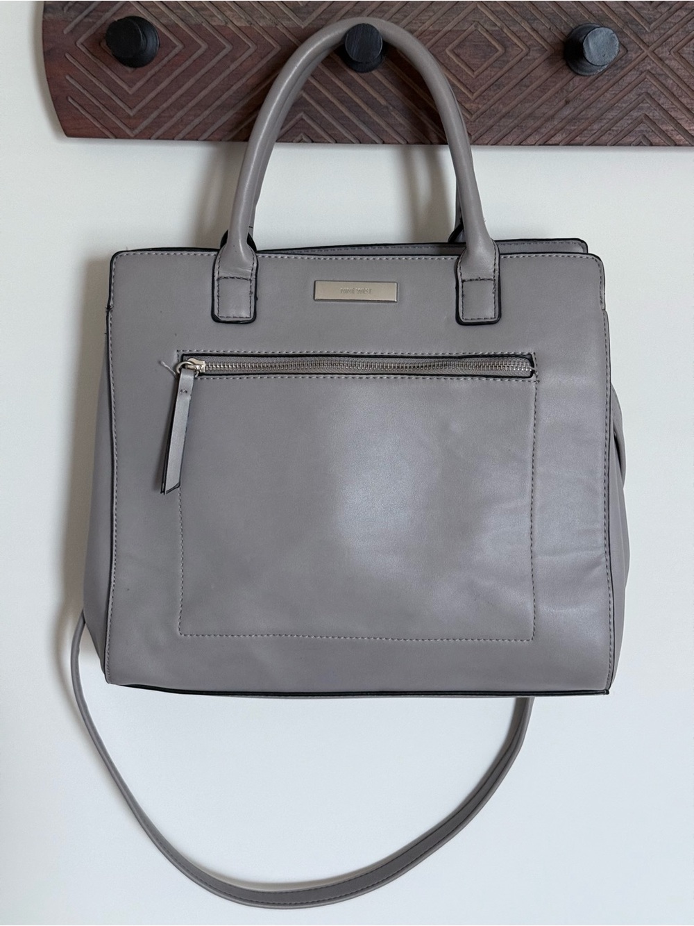 Nine West Grey Gray Smooth Faux Leather Satchel Structured Tote Purse